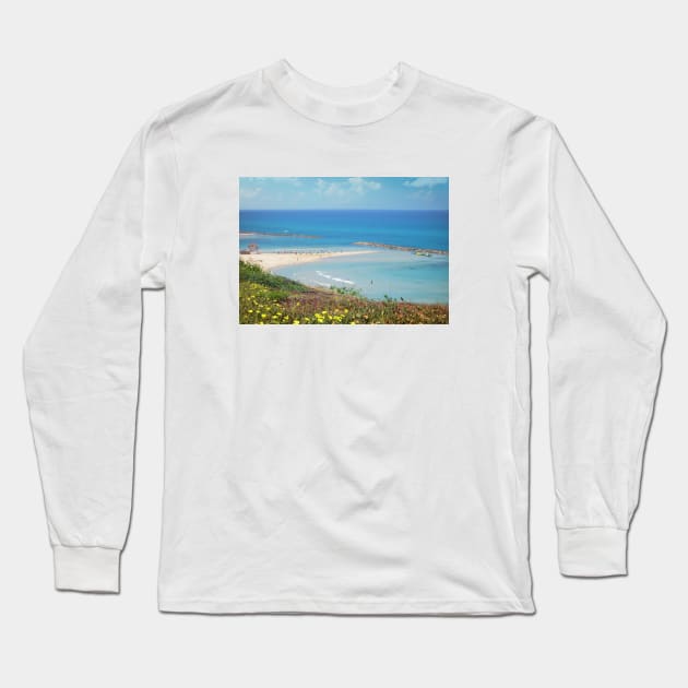 Israel, Netanya. Mediterranean Sea Beach Long Sleeve T-Shirt by UltraQuirky